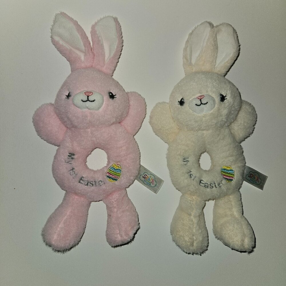 2 My First Easter Pink White Bunny Rabbit Plush Lot Rattle Spark Create Imagine